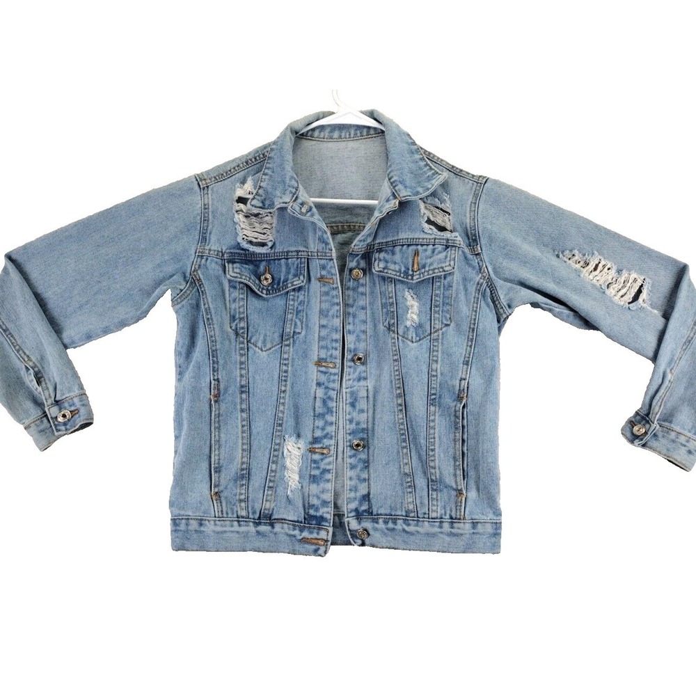 Levi Strauss Denim Jacket Light Wash Distressed Ripped‎ Button Up Womens Size S